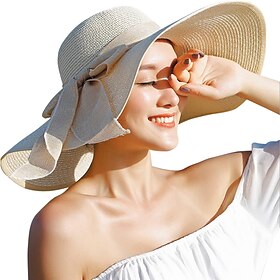 1 pcs Womens 5.5 Inches Big Bowknot Straw Hat Large Floppy Foldable Roll up Beach Cap Sun Hat UPF 50