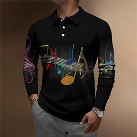 Men's Polo Shirt Golf Shirt Graphic Prints Music Notes Turndown Black Yellow Outdoor Street Long Sleeve Print Button-Down Clothing Apparel