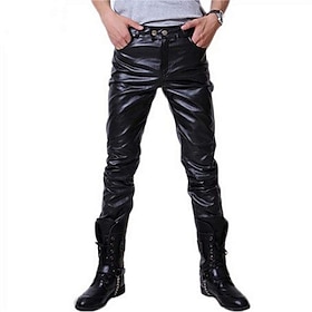 Men's Skinny Trousers Faux Leather Pants Straight Leg Solid Colored Full Length Party Going Out Club PU Streetwear Stylish Silver Black Mic