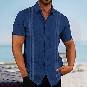 Men's Summer Shirt Beach Shirt Black White Navy Blue Short Sleeve Striped Turndown Summer Casual Daily Clothing Apparel Print