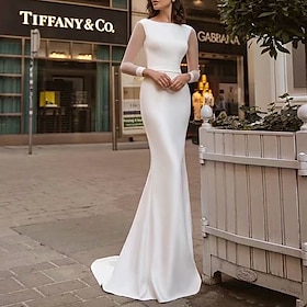 Reception Royal Style Simple Wedding Dresses Mermaid / Trumpet Scoop Neck Long Sleeve Sweep / Brush Train Satin Bridal Gowns With Solid Col