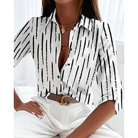 Women's Shirt Blouse Striped Casual Black White Gray Print Button Long Sleeve Basic Shirt Collar Regular Fit Spring Fall