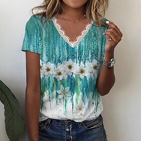 Women's T shirt Tee White Eyelet Tops Floral Pink Blue Purple Print Lace Trims Short Sleeve Holiday Weekend Basic V Neck Regular Fit