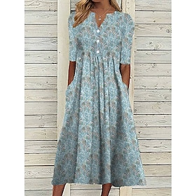 Women's Summer Dress Print Dress Floral Graphic Print Ruched V Neck Midi Dress Fashion Mature Daily Vacation Short Sleeve Regular Fit Blue