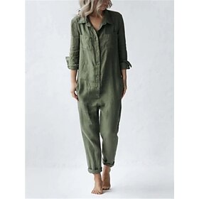 Women's Jumpsuit Button Pocket Solid Color Shirt Collar Basic Street Daily Regular Fit Long Sleeve Pink Green S M L Summer