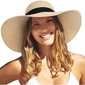 1 PC Womens Sun Straw Hat Wide Brim UPF 50 Summer Hat Foldable Roll up Floppy Beach Hats for Women