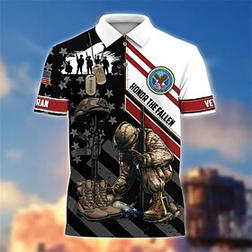Men's Button Up Polos Polo Shirt Golf Shirt Letter Graphic Prints Soldier Veterans Turndown Lake blue Wine Red Navy Blue Blue Outdoor Street Short Sleeves Prin