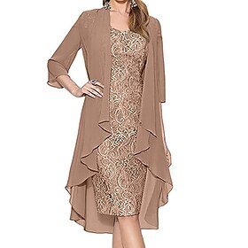Women's Lace Dress Dress Set Two Piece Dress Chiffon Dress Midi Dress Black Wine Blue 3/4 Length Sleeve Pure Color Lace Summer Spring Crew Neck Stylish Winter