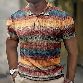 Men's Polo Shirt Waffle Polo Shirt Golf Shirt Striped Graphic Prints Geometry Turndown Yellow Blue Purple Orange Green Outdoor Street Short