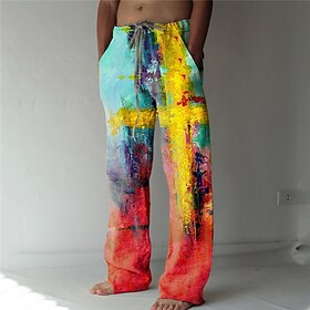 Men's Trousers Summer Pants Beach Pants Drawstring Elastic Waist 3D Print Graphic Prints Cross Comfort Casual Daily Holiday Streetwear Hawaiian Army Yellow Yel