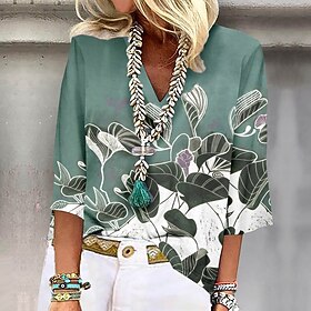 Women's Shirt Blouse 3D Pink Blue Green Print 3/4 Length Sleeve Casual Holiday Basic Shirt Collar Regular Fit