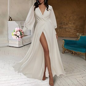 Hall Casual Wedding Dresses A-Line V Neck Long Sleeve Floor Length Chiffon Bridal Gowns With Split Front Solid Color 2024