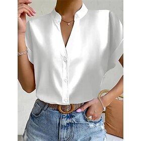 Women's Shirt Blouse Plain Orange red Black White Button Short Sleeve Work Elegant Fashion Business Standing Collar Regular Fit