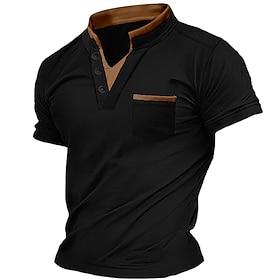 Men's Henley Shirt Tee Top Plain V Neck Street Vacation Short Sleeves Front Pocket Clothing Apparel Fashion Designer Basic