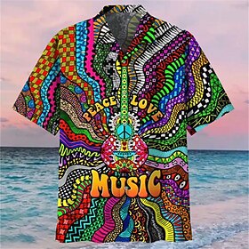 Herren Musik Hippie Hemd Sommer Hawaiihemd Knopfhemd Kurzarm Sport Mode Streetwear Lässig Outdoor Hawaiianisch Sommer Frühling Kubanisches Halsband Druck Blau