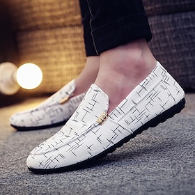 Men's White Printed Slip-On Loafers  Lightweight Casual Canvas Driving Shoes with Rubber Sole for Summer, Travel, and Daily Wear