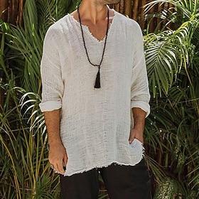 Hombre Estilo vikingo Camisa de verano Ropa de playa Camisa casual Plano Vacaciones Maldición Marrón Caqui Beige Manga Larga Escote en Pico Primavera verano Ro