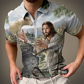 Men's Polo Shirt Waffle Polo Shirt Zip Polo Golf Shirt Graphic Prints Jesus Turndown Yellow Blue Sky Blue Green Gray Outdoor Street Short S