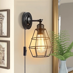 LED Wall Lamp Plug-in Wire Cage Wall Lamp Industrial Wall Lamp with Plug Cord Rustic Wall Lamp On/Off Switch Retro Wall Lamp for Headboard Bedroom