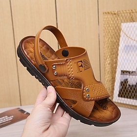 Men's Sandals Leatherette Loafers Leather Sandals Hand Stitching Casual Outdoor PU Breathable Loafer Red-brown8206 Yellow8206 Summer Spring