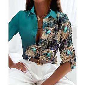 Women's Shirt Blouse Feather Casual Green Print Button Long Sleeve Basic Neon  Bright Shirt Collar Regular Fit Spring Fall
