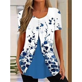 Women's Shirt Blouse Floral Blue Brown Print Short Sleeve Casual Holiday Basic V Neck Regular Fit