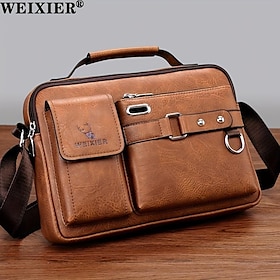 Men's Brown Faux Leather Messenger Bag with Multiple Pockets and Adjustable Strap - Stylish and Functional Crossbody Bag for Travel and Daily Use