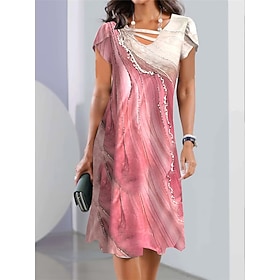Women's Summer Dress Print Dress Ombre Marble Print Print Hollow Out V Neck Midi Dress Fashion Streetwear Outdoor Daily Short Sleeve Regular Fit Pink Summer Sp