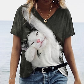Women's T Shirt Tee Cat 3D Daily Weekend Gray Print Short Sleeve Basic V Neck Regular Fit