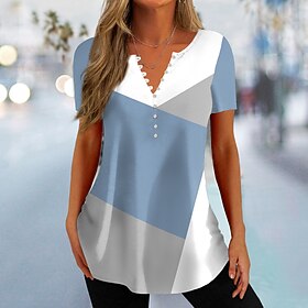 Women's T shirt Tee Henley Shirt Color Block Anchor Black Pink Blue Print Button Short Sleeve Daily Weekend Tunic Basic V Neck Regular Fit