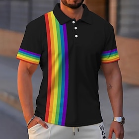 Men's Polo Shirt Lapel Polo Button Up Polos Golf Shirt Rainbow Graphic Prints Turndown Black White Blue Khaki Gray Street Daily Short Sleev