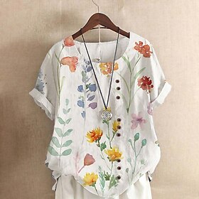 Damenbluse Bluse Floral Basic Kurzarm Rundhals Regelmäßige Oberteile Lässig Urlaub Knöpfe Druck Gelb Lila Grün