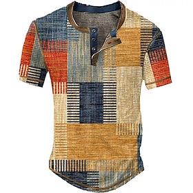 Plaid Casual Mens 3D Shirt  Yellow Summer Cotton  Waffle Henley Graphic Color Block Clothing Apparel 3D Print Outdoor Daily Short Sleeve Button Fashion Designe