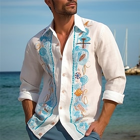 Men's Shirt Linen Shirt Floral GraphicStand Collar Blue Sky Blue Dark Sea Blue Light Blue Outdoor Street Long Sleeve Print Clothing Apparel Linen Shirt Fashion
