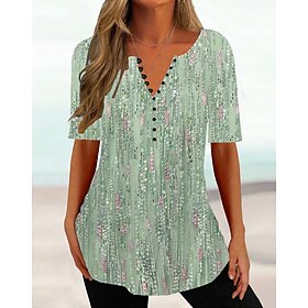 Women's T shirt Tee Henley Shirt Floral Grass Green Light Green Red Print Button Short Sleeve Holiday Weekend Tunic Basic Round Neck Regular Fit