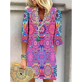 Women's Shift Dress Floral Paisley Print V Neck Mini Dress Daily Vacation 3/4 Length Sleeve Summer Spring