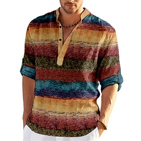 Men's Shirt Linen Shirt Striped Graphic Prints Geometry Stand Collar Yellow Light Green Blue Purple Green Outdoor Street Long Sleeve Print Clothing Apparel Lin