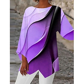 Women's Shirt Blouse Graphic Abstract Yellow Pink Purple Print Asymmetric Hem Long Sleeve Casual Basic Neon Bright Round Neck Regular Fit Spring Fall