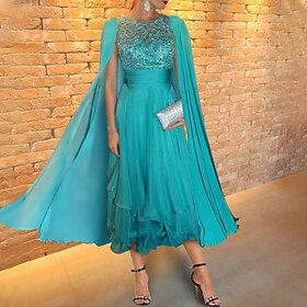 A-Line Cocktail Dresses Luxurious Dress Homecoming Cocktail Party Dress Tea Length Long Sleeve Sweetheart Fall Wedding Guest Chiffon Backle