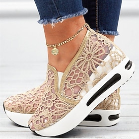 Women's Beige Lace Mesh Slip-On Platform Sneakers with Air Cushion Sole - Stylish and Comfortable Casual Shoes for Daily Wear