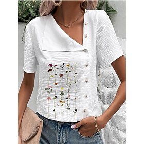Women's Shirt Blouse Floral Black White Blue Print Button Short Sleeve Casual Holiday Basic V Neck Regular Fit