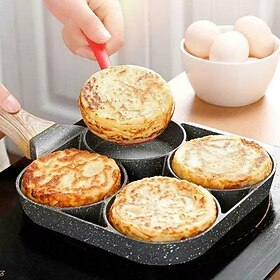 4-Hole Non-Stick Fry Pan with Wooden Handle - Perfect for Eggs, Pancakes, Burgers More!