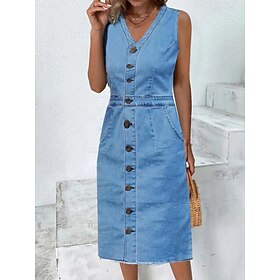 Women's Denim Dress Denim Shirt Dress Midi Dress Denim Fashion Modern Outdoor Daily Vacation V Neck Button Pocket Sleeveless Summer Spring 2023 Loose Fit Blue