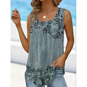 Women's Tank Top Floral White Yellow Light Green Print Sleeveless Casual Holiday Basic Square Neck Regular Fit