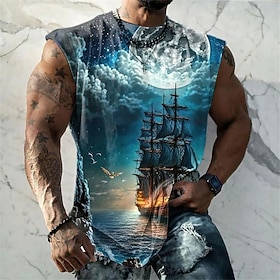 Voor heren Grafisch Wolk Schip Watersport Vest Top Mouwloos T-shirt voor heren Mouwloos Bandjes T-shirt 3D-afdrukken Strakke ronde hals Overhemd Modieus Ontwer
