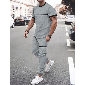 Men's Tee Drawstring Waist Pants 2 Pieces Outfits Color Block Crewneck Casual Daily Wear Short Sleeve 2 Piece Clothing Apparel Fashion Sport Casual