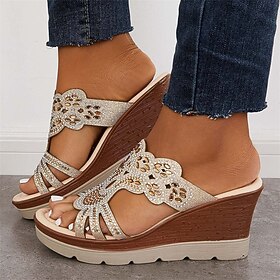 Women's Glamorous Gold Rhinestone Wedge Sandals - Elegant Cut-Out Design, Comfortable Elevated Heel, Perfect for Evening Events and Special Occasions