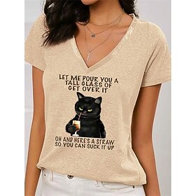 Women's T shirt Tee Cat Letter Khaki Print Short Sleeve Daily Weekend Basic V Neck Regular Fit