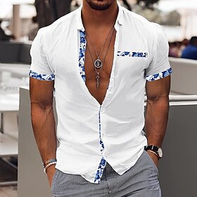 Men's Shirt Linen Shirt Summer Shirt Beach Wear Casual Shirt Button Up Shirt Color Block Casual Daily Blue White Pink Navy Blue Short Sleeve Lapel Summer Cloth