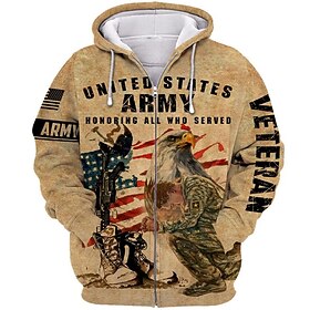 Men's Full Zip Hoodie Jacket Khaki Hooded Graphic Prints Chicken National Flag Zipper Print Sports Outdoor Daily Sports 3D Print Streetwear Designer Casual Sp